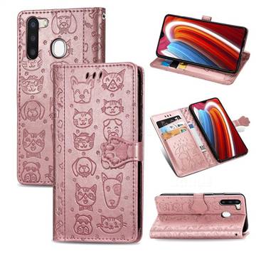 Embossing Dog Paw Kitten and Puppy Leather Wallet Case for Samsung Galaxy A21 - Rose Gold