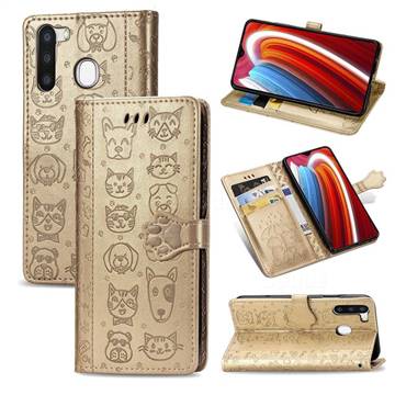 Embossing Dog Paw Kitten and Puppy Leather Wallet Case for Samsung Galaxy A21 - Champagne Gold
