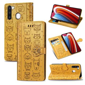 Embossing Dog Paw Kitten and Puppy Leather Wallet Case for Samsung Galaxy A21 - Yellow