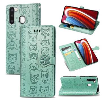 Embossing Dog Paw Kitten and Puppy Leather Wallet Case for Samsung Galaxy A21 - Green