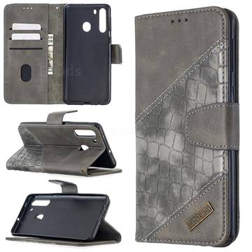 BinfenColor BF04 Color Block Stitching Crocodile Leather Case Cover for Samsung Galaxy A21 - Gray