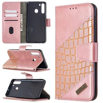 BinfenColor BF04 Color Block Stitching Crocodile Leather Case Cover for Samsung Galaxy A21 - Rose Gold