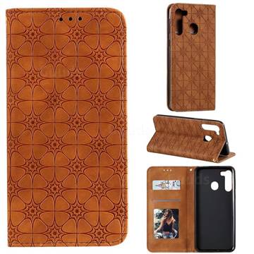 Intricate Embossing Four Leaf Clover Leather Wallet Case for Samsung Galaxy A21 - Yellowish Brown