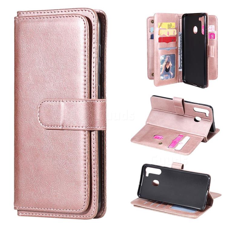 Multi-function Ten Card Slots and Photo Frame PU Leather Wallet Phone Case Cover for Samsung Galaxy A21 - Rose Gold