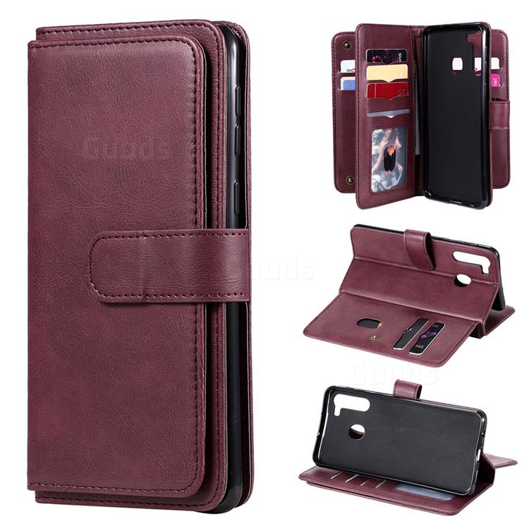 Multi-function Ten Card Slots and Photo Frame PU Leather Wallet Phone Case Cover for Samsung Galaxy A21 - Claret