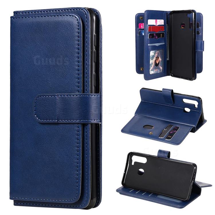 Multi-function Ten Card Slots and Photo Frame PU Leather Wallet Phone Case Cover for Samsung Galaxy A21 - Dark Blue