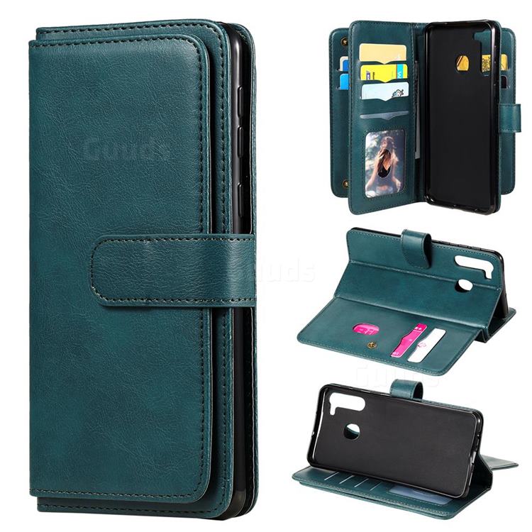 Multi-function Ten Card Slots and Photo Frame PU Leather Wallet Phone Case Cover for Samsung Galaxy A21 - Dark Green