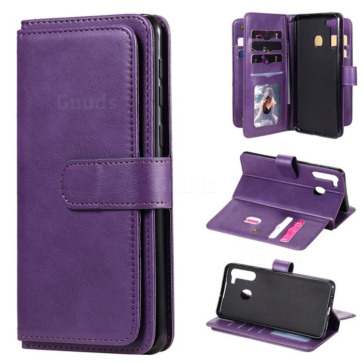Multi-function Ten Card Slots and Photo Frame PU Leather Wallet Phone Case Cover for Samsung Galaxy A21 - Violet