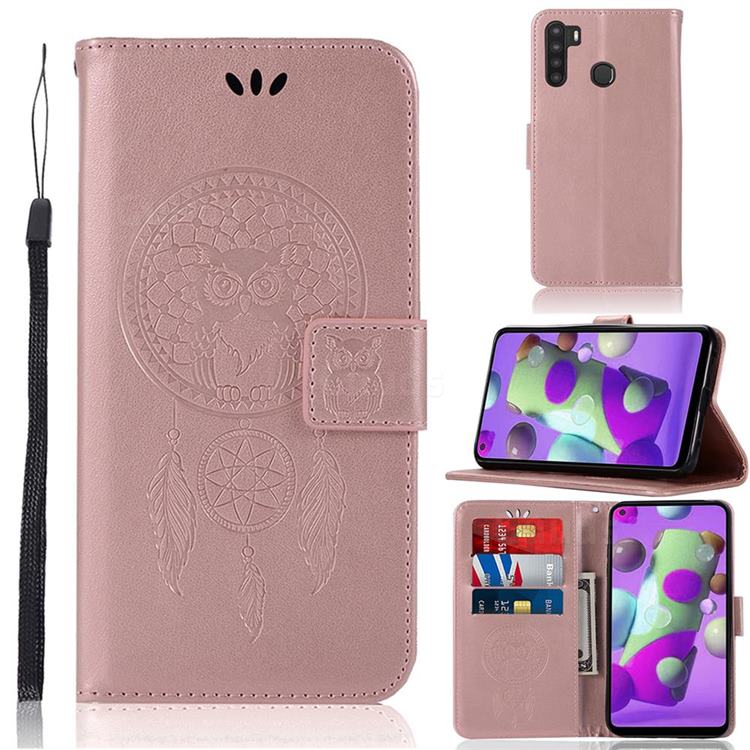 Intricate Embossing Owl Campanula Leather Wallet Case for Samsung Galaxy A21 - Rose Gold