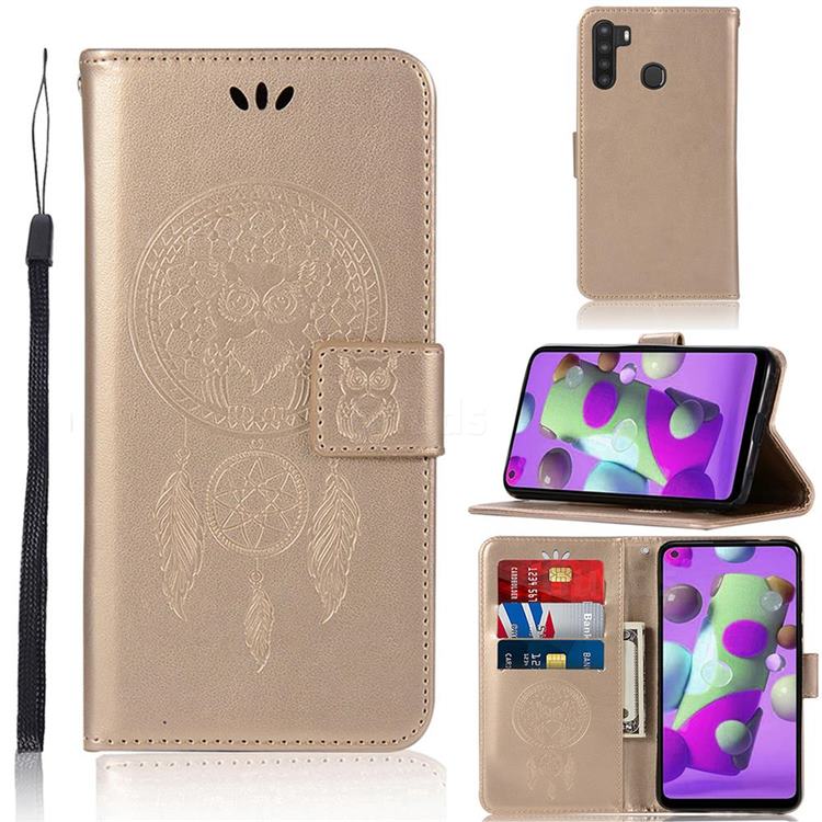 Intricate Embossing Owl Campanula Leather Wallet Case for Samsung Galaxy A21 - Champagne