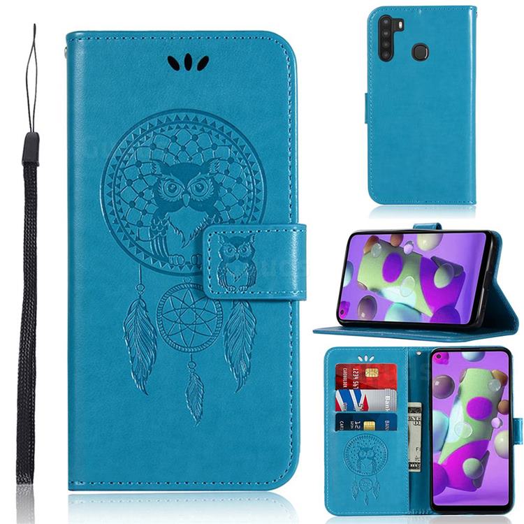 Intricate Embossing Owl Campanula Leather Wallet Case for Samsung Galaxy A21 - Blue
