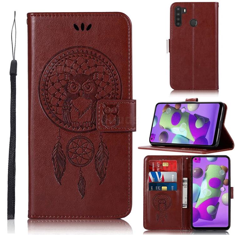 Intricate Embossing Owl Campanula Leather Wallet Case for Samsung Galaxy A21 - Brown