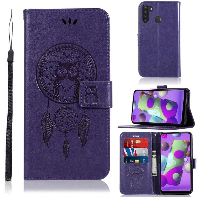 Intricate Embossing Owl Campanula Leather Wallet Case for Samsung Galaxy A21 - Purple