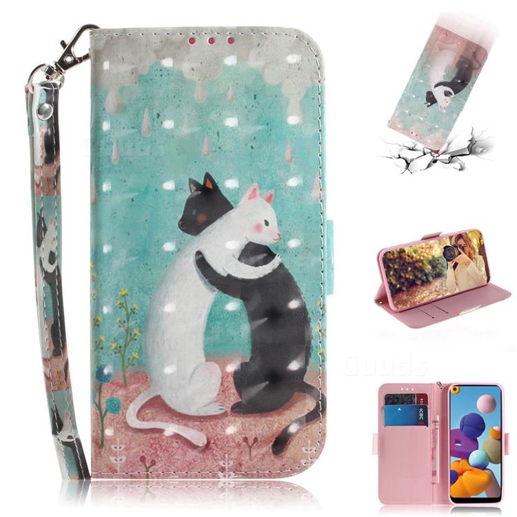 Black and White Cat 3D Painted Leather Wallet Phone Case for Samsung Galaxy A21