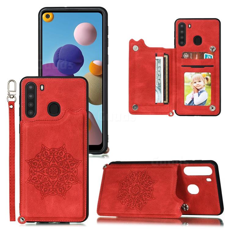 Luxury Mandala Multi-function Magnetic Card Slots Stand Leather Back Cover for Samsung Galaxy A21 - Red