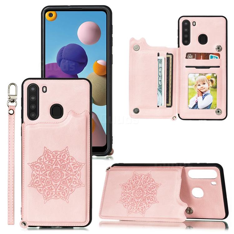 Luxury Mandala Multi-function Magnetic Card Slots Stand Leather Back Cover for Samsung Galaxy A21 - Rose Gold