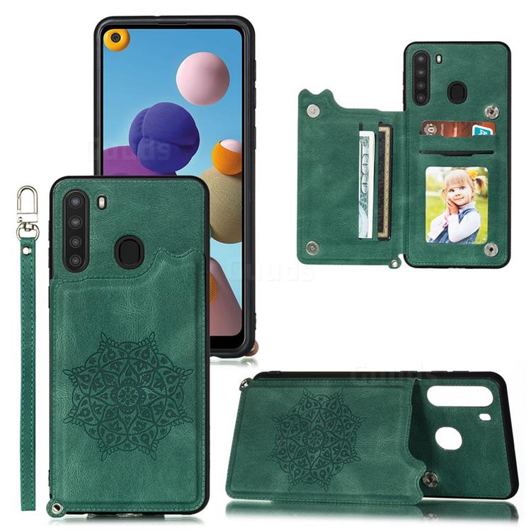 Luxury Mandala Multi-function Magnetic Card Slots Stand Leather Back Cover for Samsung Galaxy A21 - Green