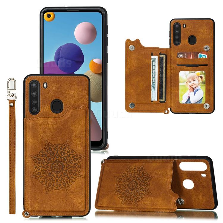 Luxury Mandala Multi-function Magnetic Card Slots Stand Leather Back Cover for Samsung Galaxy A21 - Brown