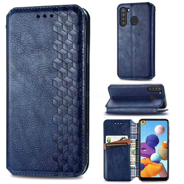 Ultra Slim Fashion Business Card Magnetic Automatic Suction Leather Flip Cover for Samsung Galaxy A21 - Dark Blue