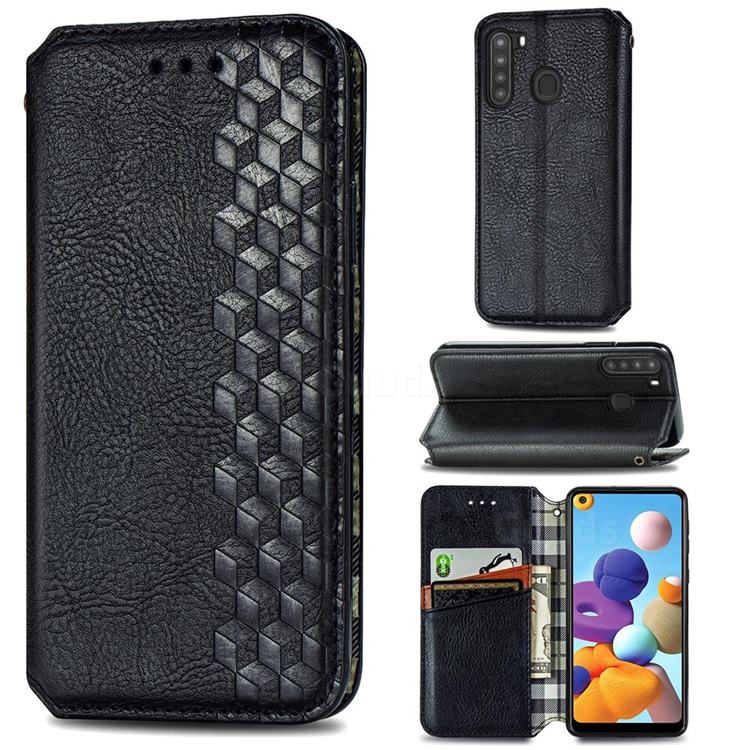 Ultra Slim Fashion Business Card Magnetic Automatic Suction Leather Flip Cover for Samsung Galaxy A21 - Black