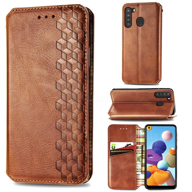 Ultra Slim Fashion Business Card Magnetic Automatic Suction Leather Flip Cover for Samsung Galaxy A21 - Brown