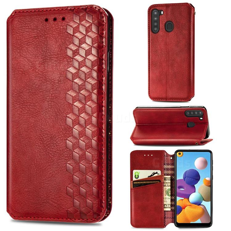 Ultra Slim Fashion Business Card Magnetic Automatic Suction Leather Flip Cover for Samsung Galaxy A21 - Red