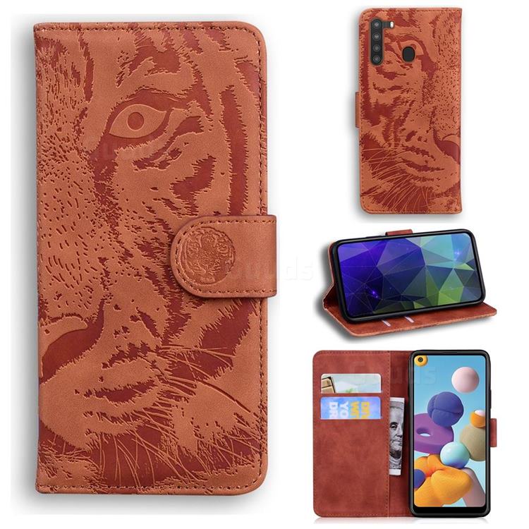 Intricate Embossing Tiger Face Leather Wallet Case for Samsung Galaxy A21 - Brown