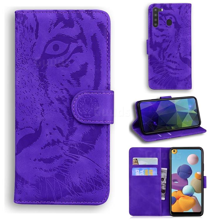 Intricate Embossing Tiger Face Leather Wallet Case for Samsung Galaxy A21 - Purple