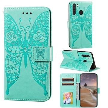 Intricate Embossing Rose Flower Butterfly Leather Wallet Case for Samsung Galaxy A21 - Green