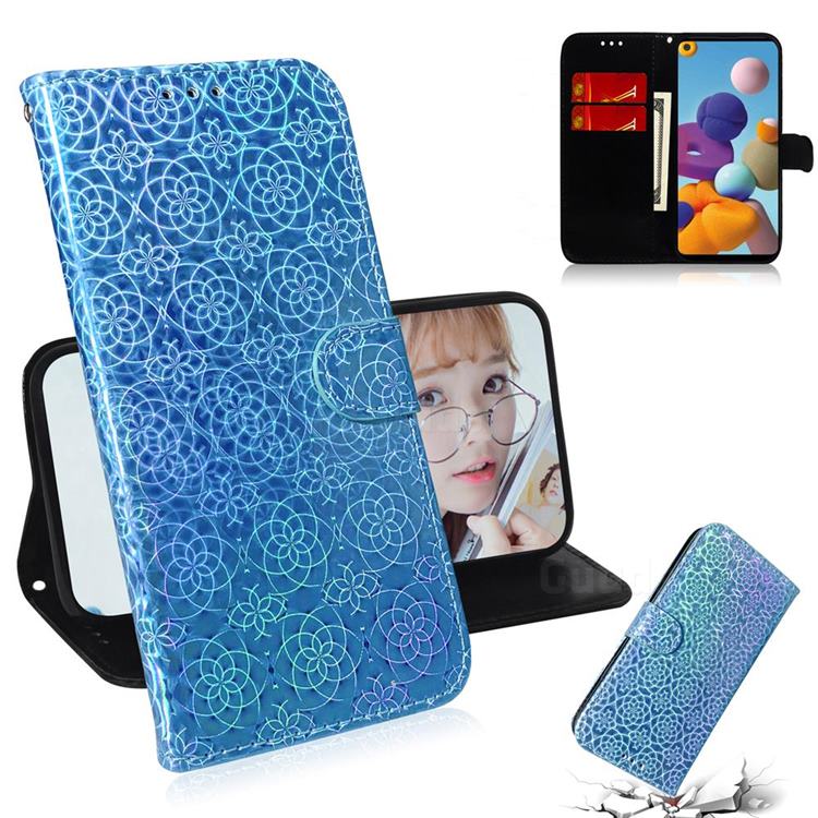 Laser Circle Shining Leather Wallet Phone Case for Samsung Galaxy A21 - Blue