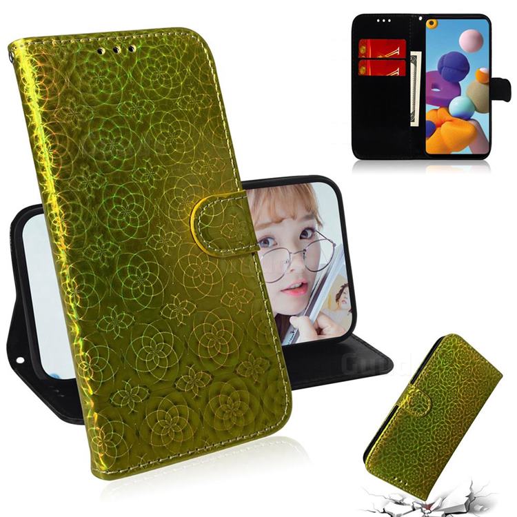 Laser Circle Shining Leather Wallet Phone Case for Samsung Galaxy A21 - Golden