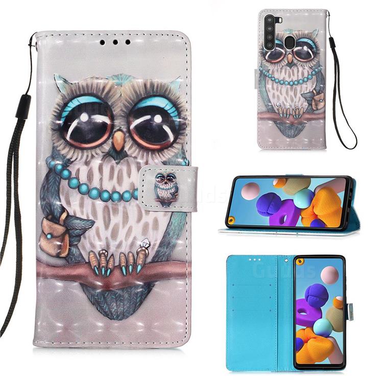 Sweet Gray Owl 3D Painted Leather Wallet Case for Samsung Galaxy A21