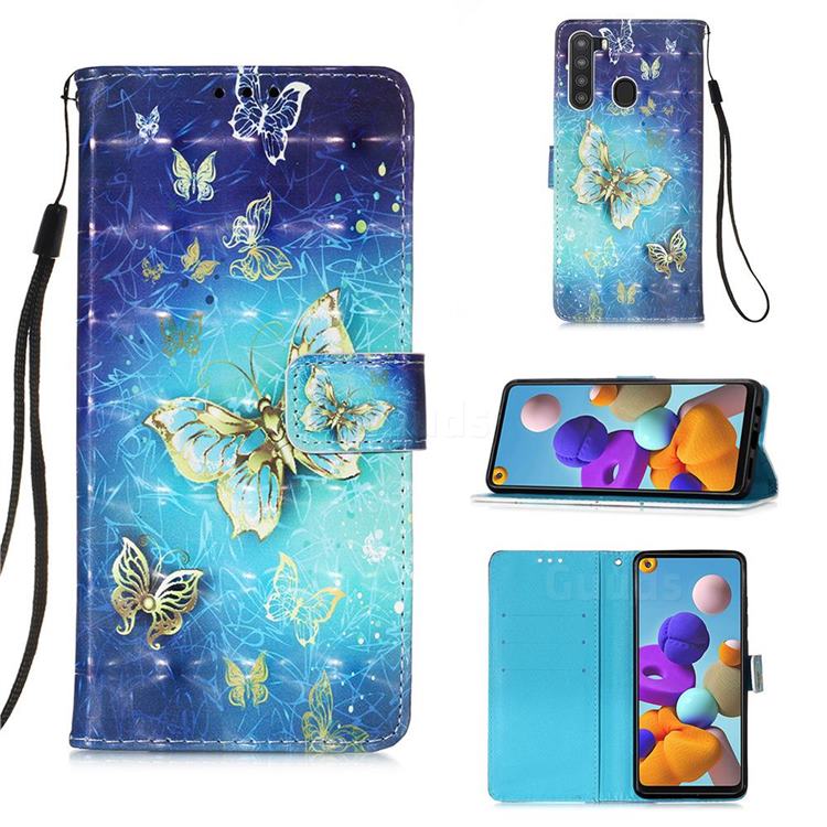 Gold Butterfly 3D Painted Leather Wallet Case for Samsung Galaxy A21