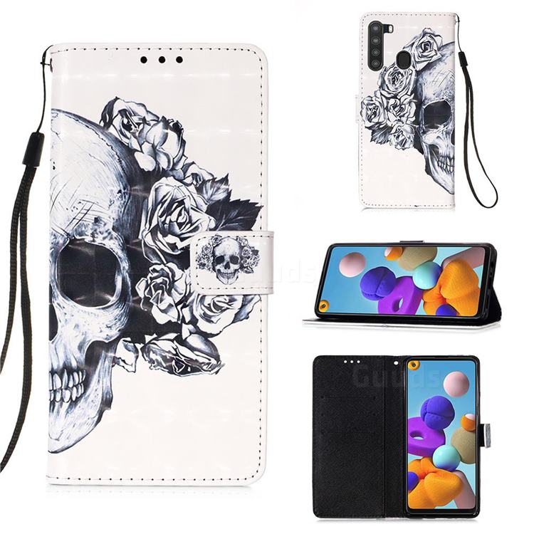 Skull Flower 3D Painted Leather Wallet Case for Samsung Galaxy A21
