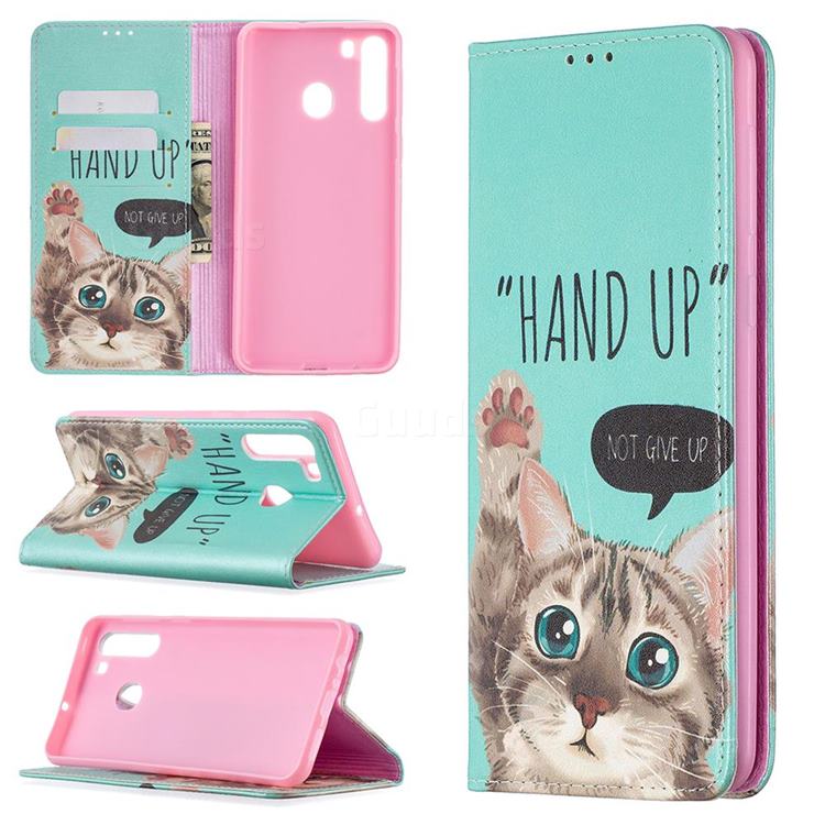 Hand Up Cat Slim Magnetic Attraction Wallet Flip Cover for Samsung Galaxy A21