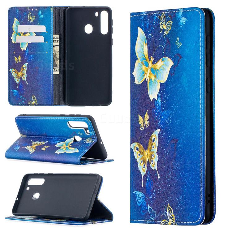 Gold Butterfly Slim Magnetic Attraction Wallet Flip Cover for Samsung Galaxy A21