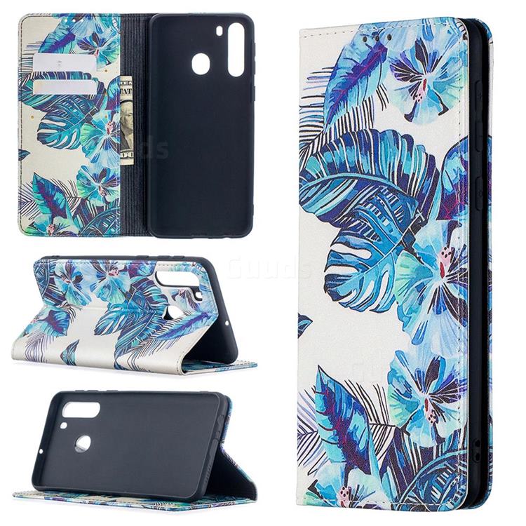 Blue Leaf Slim Magnetic Attraction Wallet Flip Cover for Samsung Galaxy A21