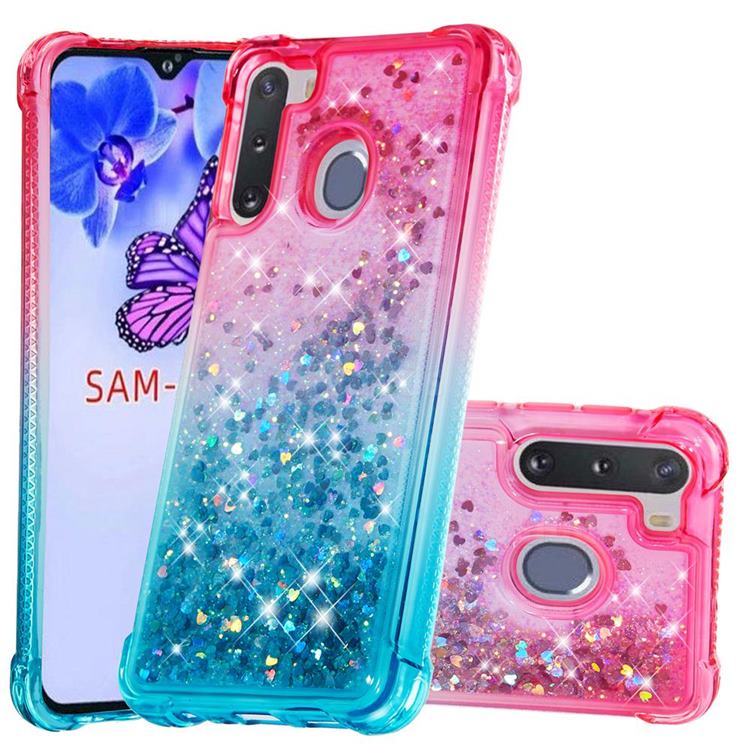 Rainbow Gradient Liquid Glitter Quicksand Sequins Phone Case for Samsung Galaxy A21 - Pink Blue