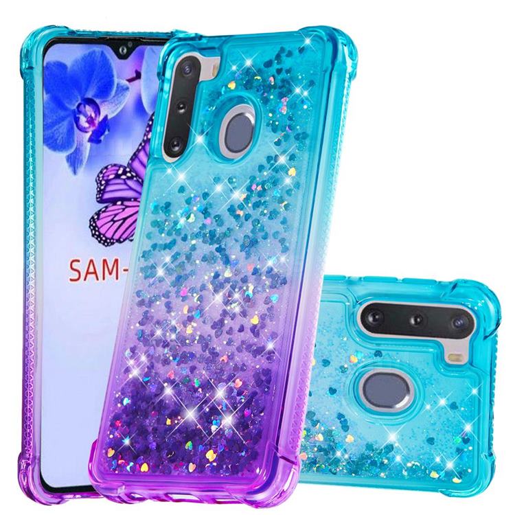 Rainbow Gradient Liquid Glitter Quicksand Sequins Phone Case for Samsung Galaxy A21 - Blue Purple