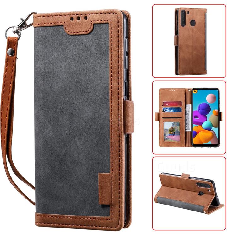 Luxury Retro Stitching Leather Wallet Phone Case for Samsung Galaxy A21 - Gray