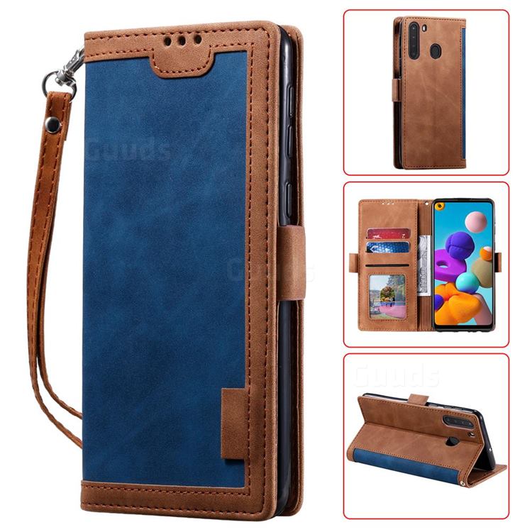 Luxury Retro Stitching Leather Wallet Phone Case for Samsung Galaxy A21 - Dark Blue