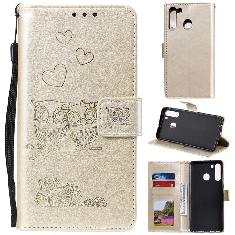 Embossing Owl Couple Flower Leather Wallet Case for Samsung Galaxy A21 - Golden