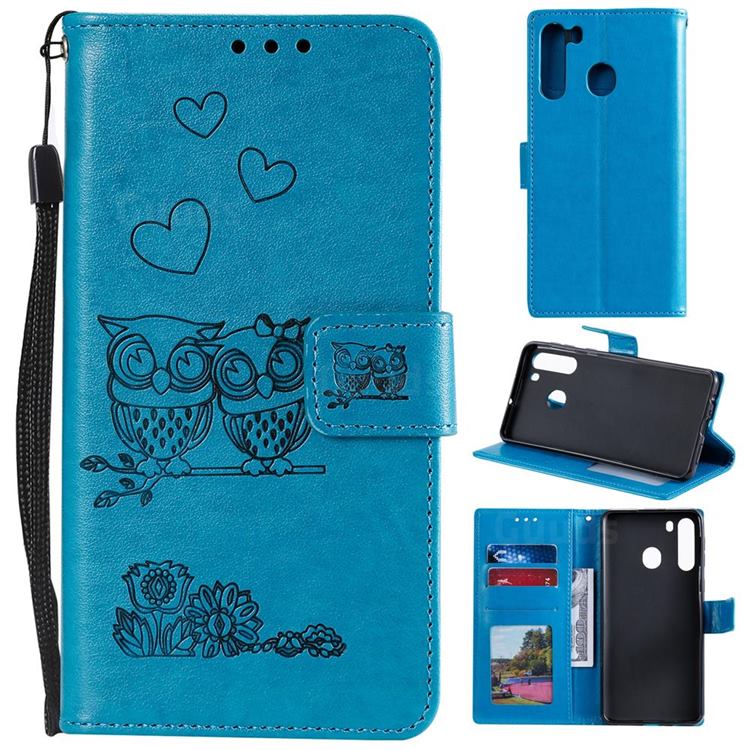 Embossing Owl Couple Flower Leather Wallet Case for Samsung Galaxy A21 - Blue