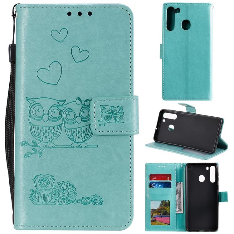 Embossing Owl Couple Flower Leather Wallet Case for Samsung Galaxy A21 - Green