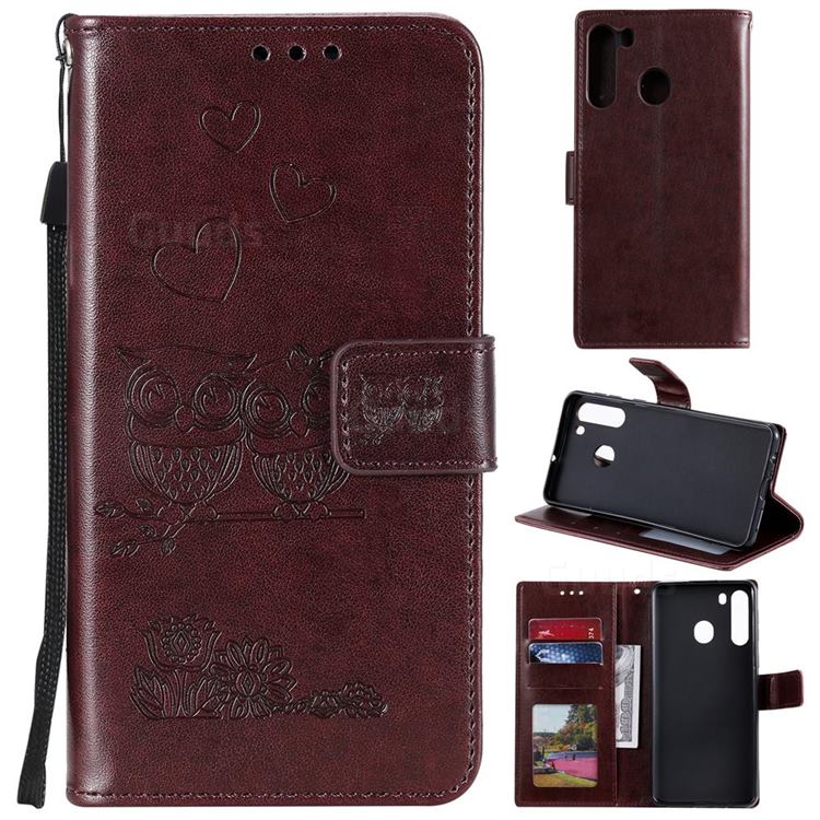 Embossing Owl Couple Flower Leather Wallet Case for Samsung Galaxy A21 - Brown