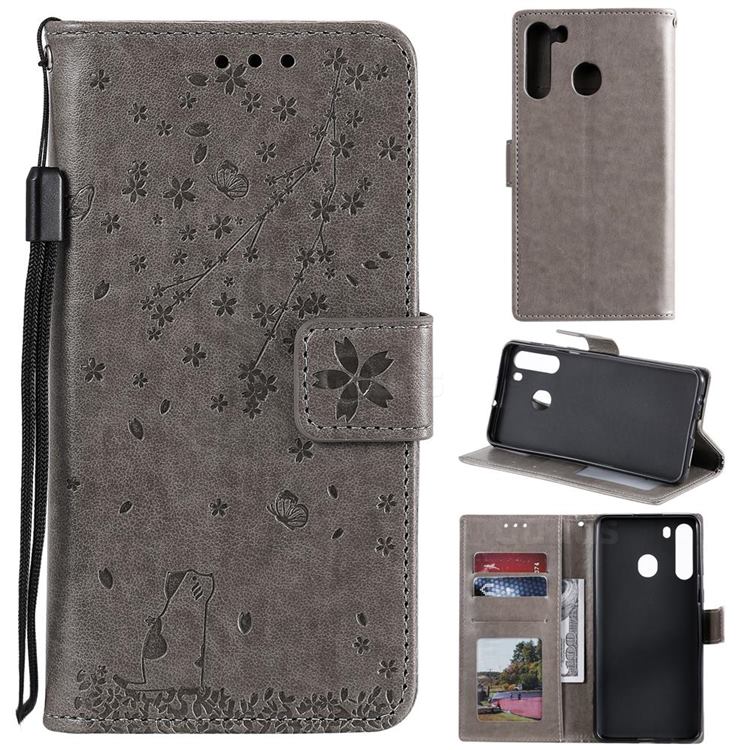 Embossing Cherry Blossom Cat Leather Wallet Case for Samsung Galaxy A21 - Gray