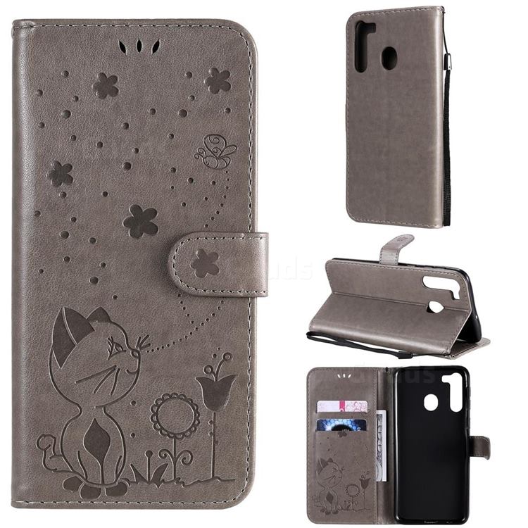 Embossing Bee and Cat Leather Wallet Case for Samsung Galaxy A21 - Gray