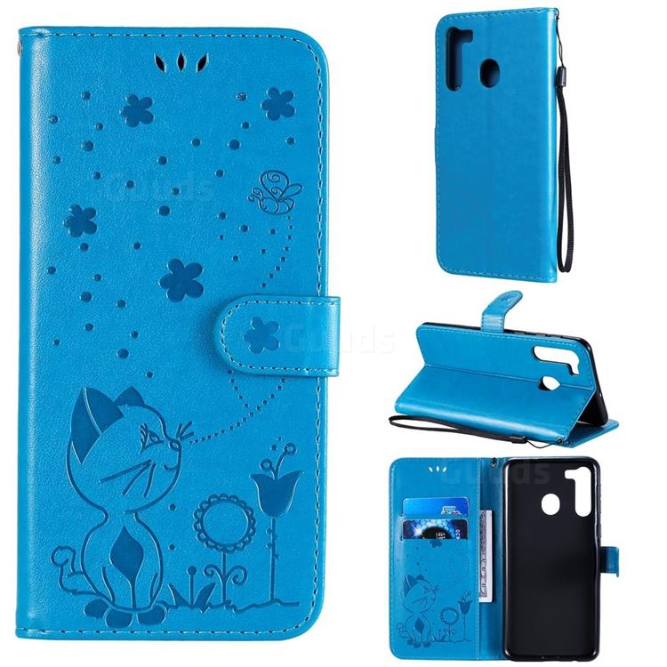 Embossing Bee and Cat Leather Wallet Case for Samsung Galaxy A21 - Blue