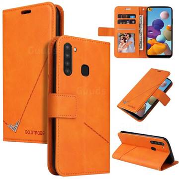 GQ.UTROBE Right Angle Silver Pendant Leather Wallet Phone Case for Samsung Galaxy A21 - Orange