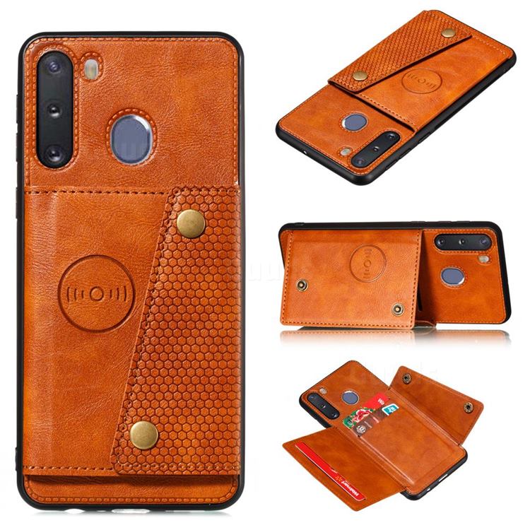 Retro Multifunction Card Slots Stand Leather Coated Phone Back Cover for Samsung Galaxy A21 - Brown